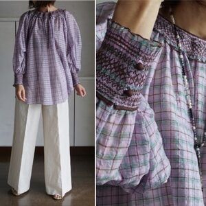 Leur Logette || Smocked Yoke + Cuff Checked Blouse Silk Blend‎ Purple